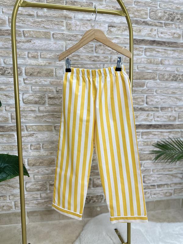 Unisex Çocuk Sarı Çizgili Çantalı Pijama Takım