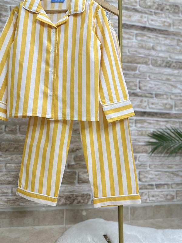 Unisex Çocuk Sarı Çizgili Çantalı Pijama Takım