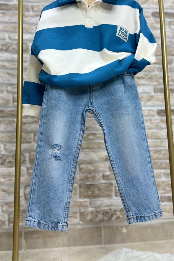 Unisex Çocuk Yırtık Detaylı Jean Pantolon
