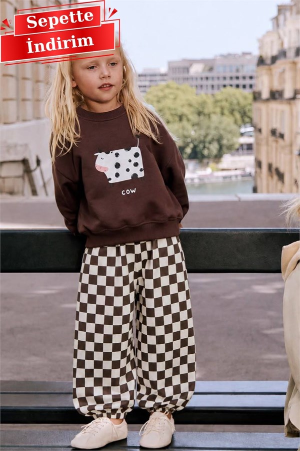 Unisex Cow Kareli Kahve Takım