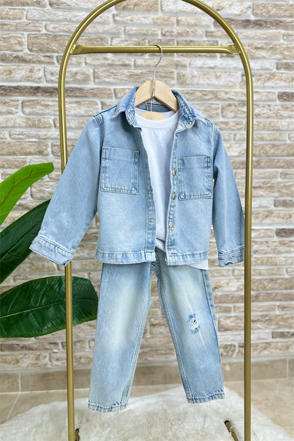 Unisex Çocuk Denim Kot Ceket  & Gömlek