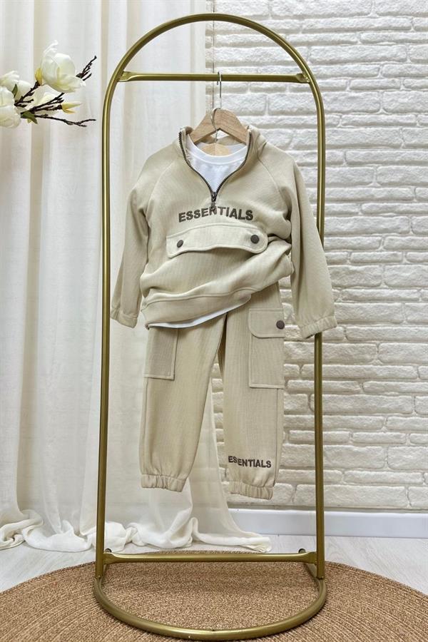Unisex Dik Yaka Essentials  Krem  Takım