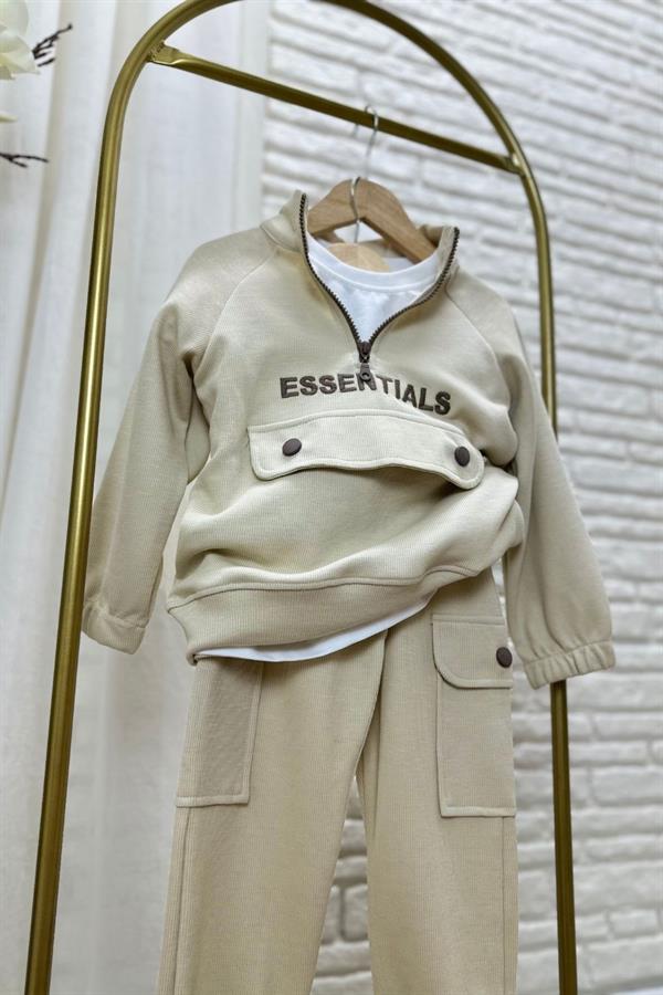 Unisex Dik Yaka Essentials  Krem  Takım