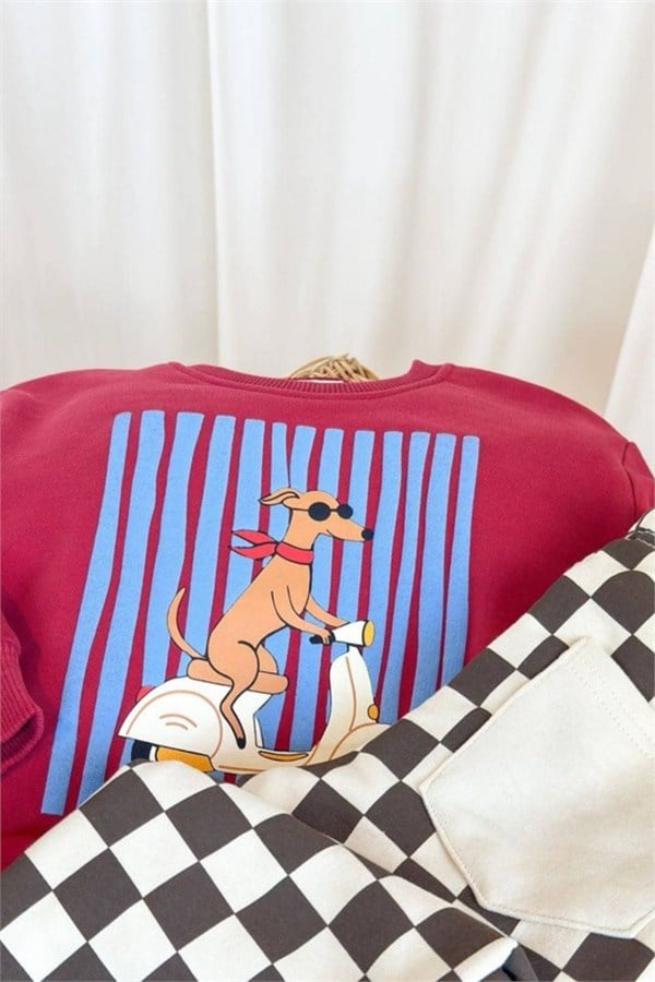 Unisex Dog Baskı Kareli Pantolon 3 İplik Takım