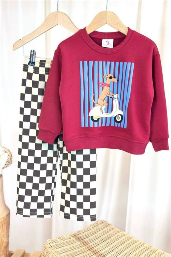 Unisex Dog Baskı Kareli Pantolon 3 İplik Takım
