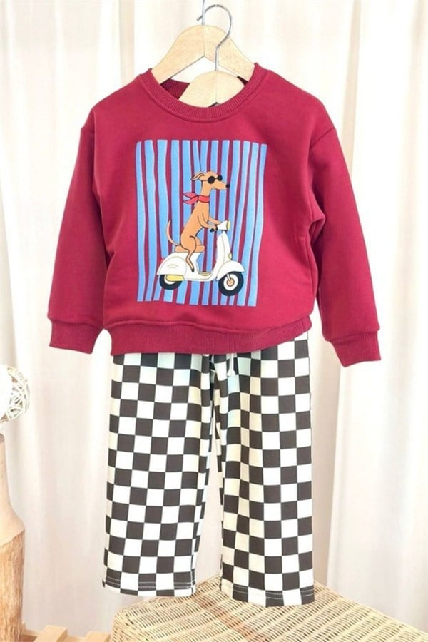 Unisex Dog Baskı Kareli Pantolon 3 İplik Takım