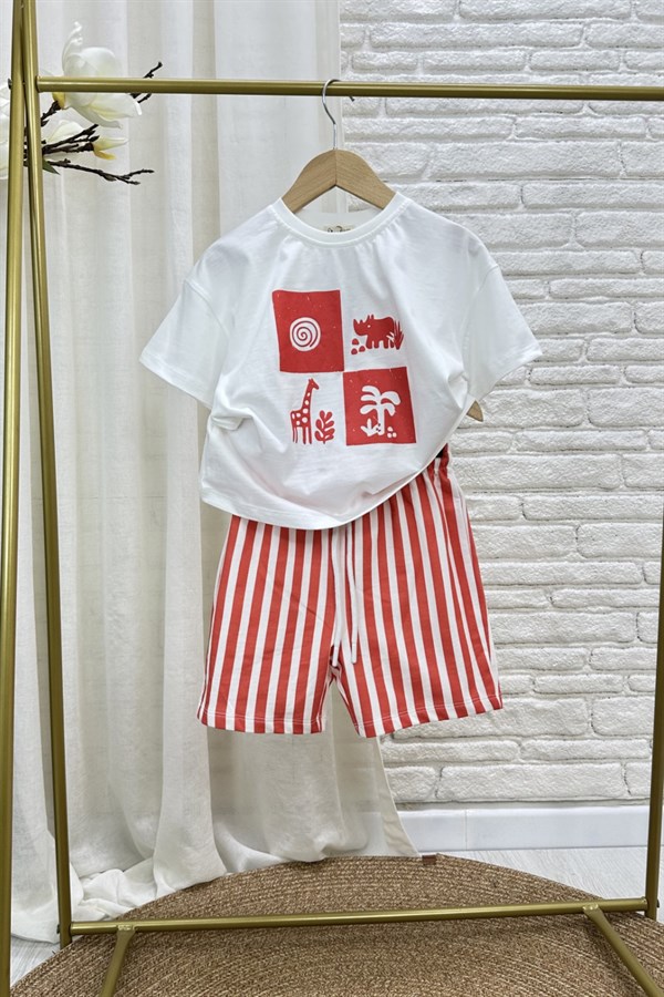 Unisex Doğa Baskılı Kırmızı Şortlu Takım