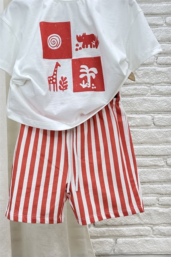 Unisex Doğa Baskılı Kırmızı Şortlu Takım