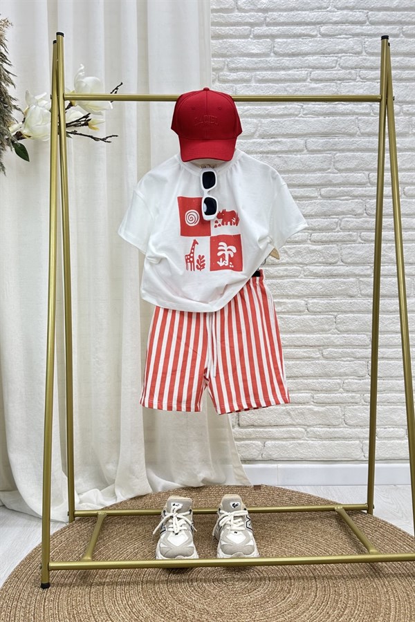 Unisex Doğa Baskılı Kırmızı Şortlu Takım