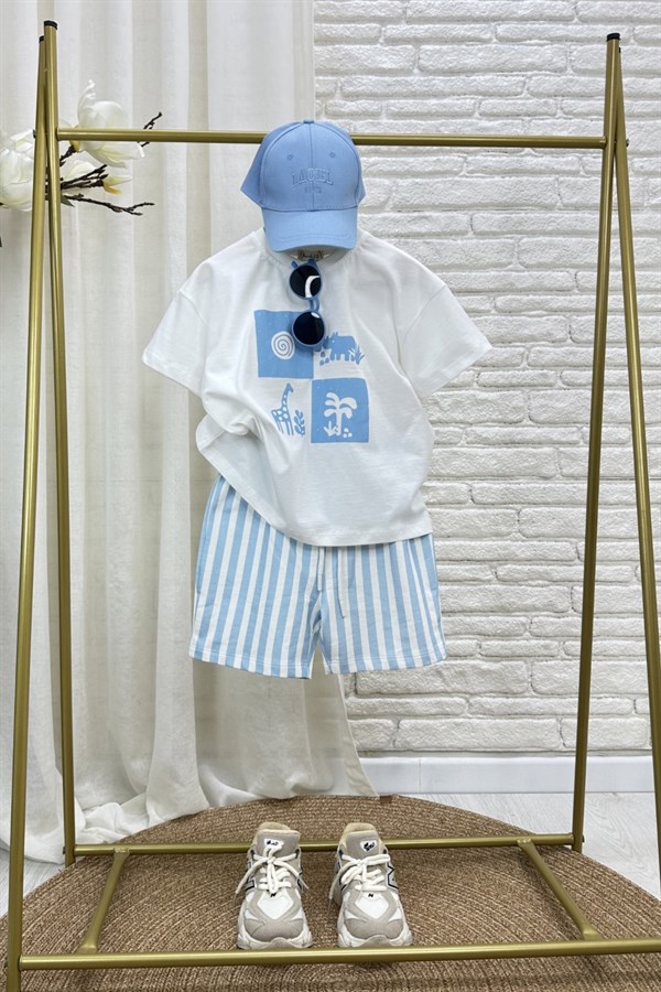 Unisex Doğa Baskılı Mavi Şortlu Takım