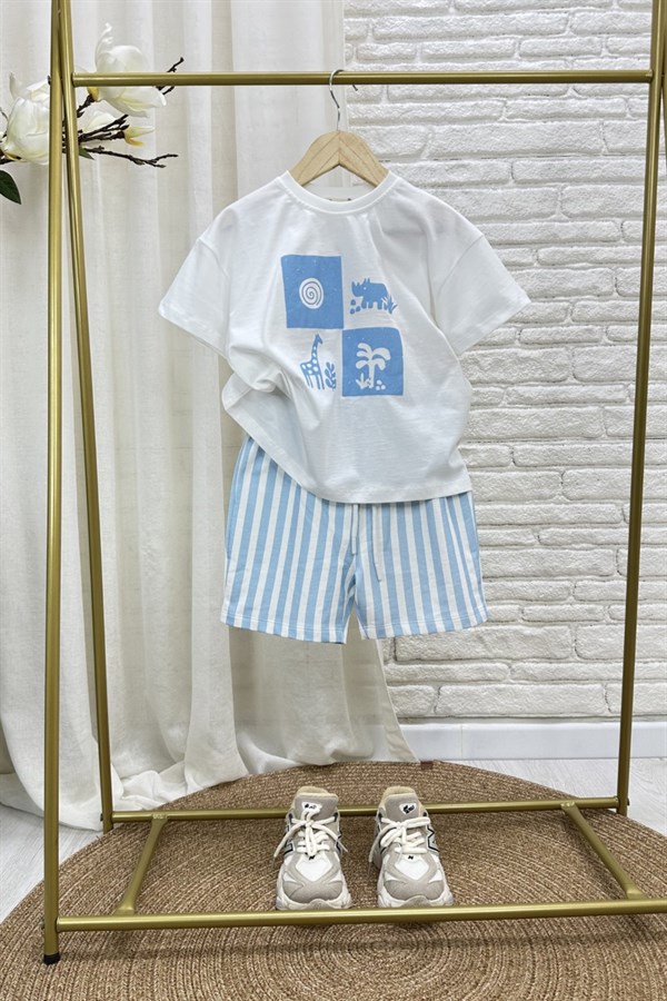 Unisex Doğa Baskılı Mavi Şortlu Takım