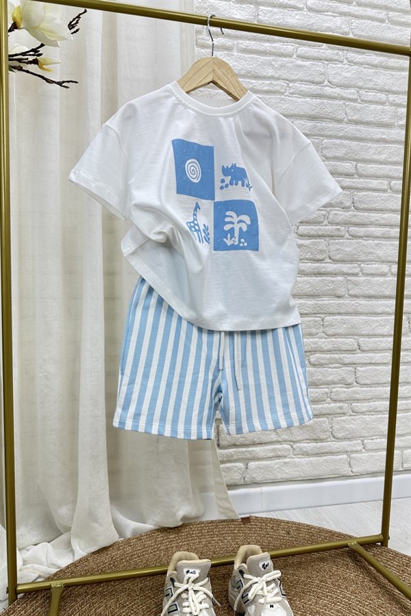 Unisex Doğa Baskılı Mavi Şortlu Takım