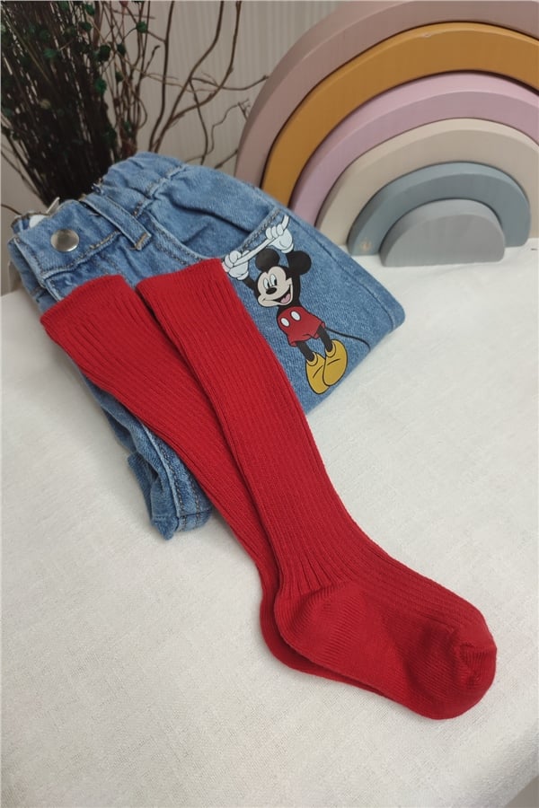 Unisex Düz Kırmızı Diz Altı Çorap