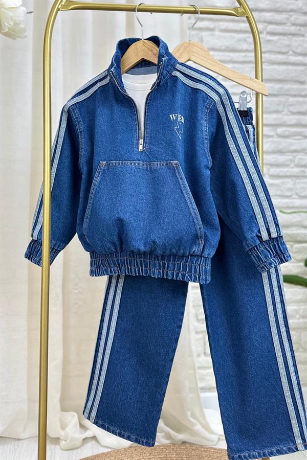 Unisex Fermualı Dik Yaka Denim Takım