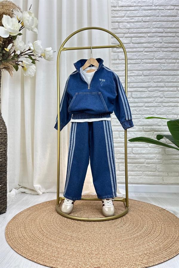 Unisex Fermualı Dik Yaka Denim Takım
