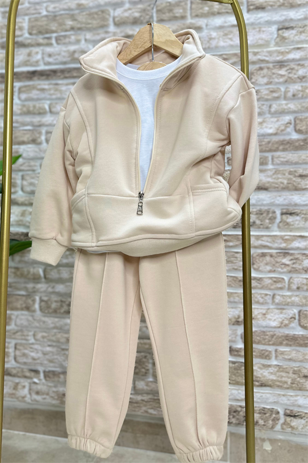 Unisex Fermuarlı Balıkçı Yaka Krem Takım