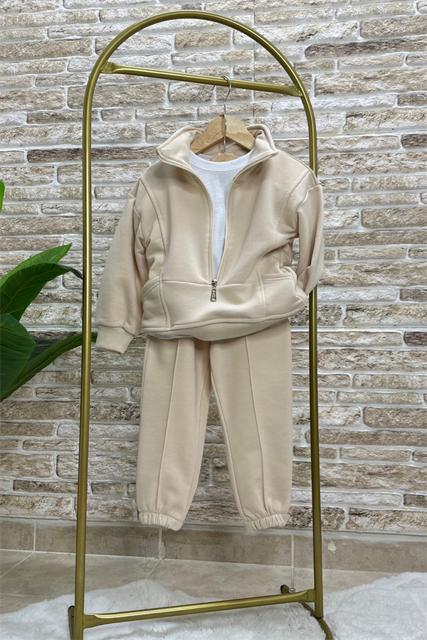 Unisex Fermuarlı Balıkçı Yaka Krem Takım