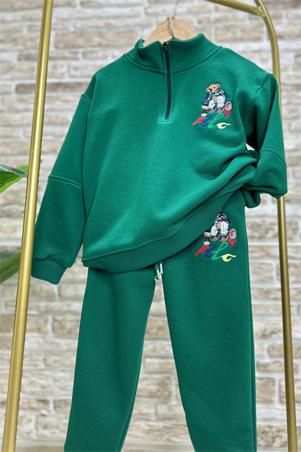 Unisex Fermuarlı Balıkçı Yaka Nakışlı Yeşil Takım