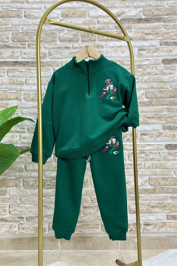 Unisex Fermuarlı Balıkçı Yaka Nakışlı Yeşil Takım