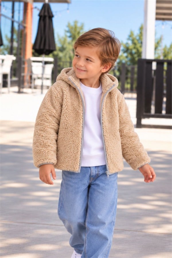 Unisex Fermuarlı Peluş Krem Hırka