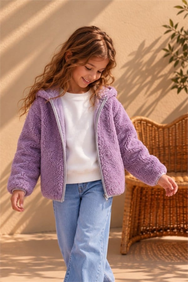 Unisex Fermuarlı Peluş  Mor Hırka