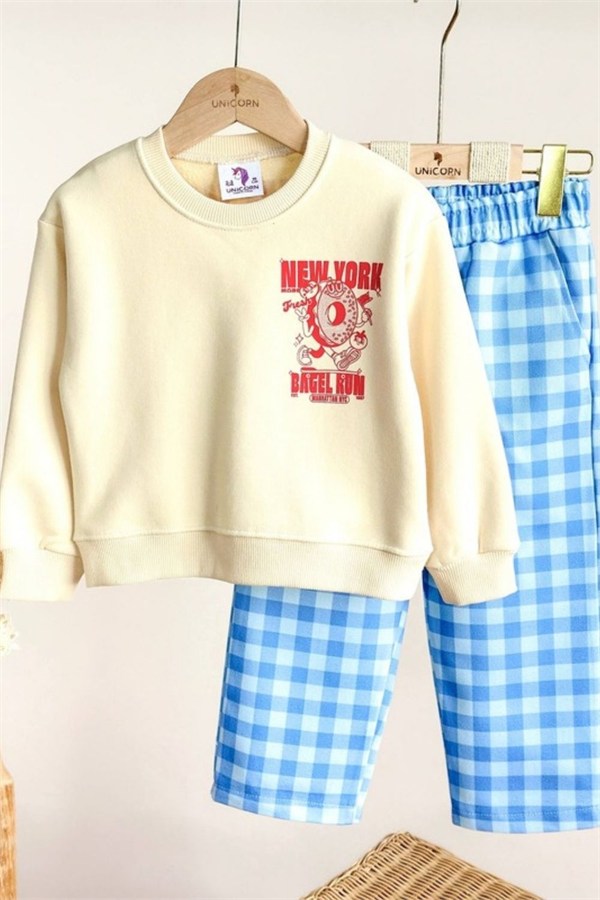 Unisex Gabardin Pantolonlu New York Mavi Kareli Takım