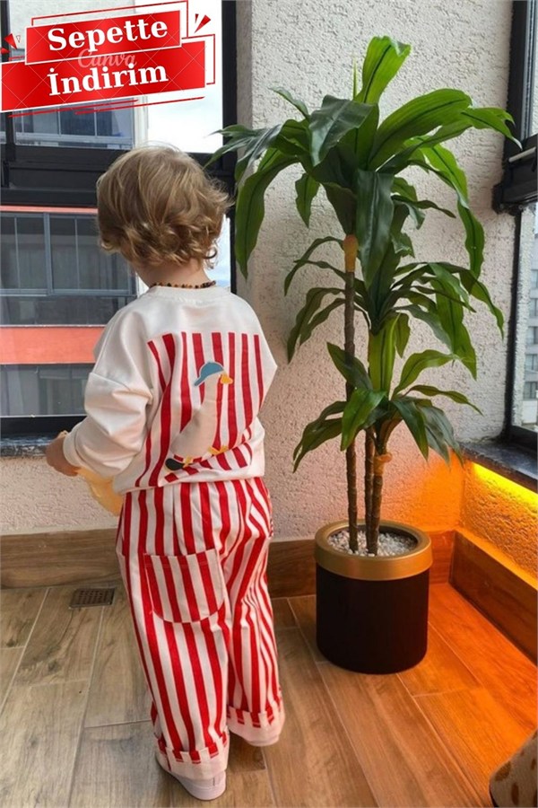 Unisex Gabardin Pantolonlu Ördekli Kırmızı Çizgili Takım