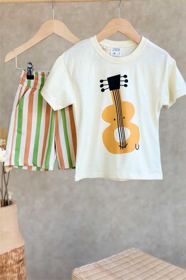 Unisex Gitar Baskılı Tshirt Şort Takım