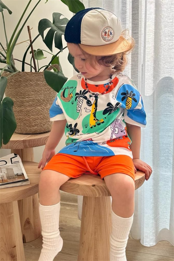 Unisex Hayvanlı Oranj Şortlu Takım