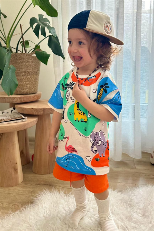 Unisex Hayvanlı Oranj Şortlu Takım