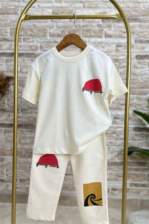 Unisex Kabartma Baskılı Bej Eşofman Takım