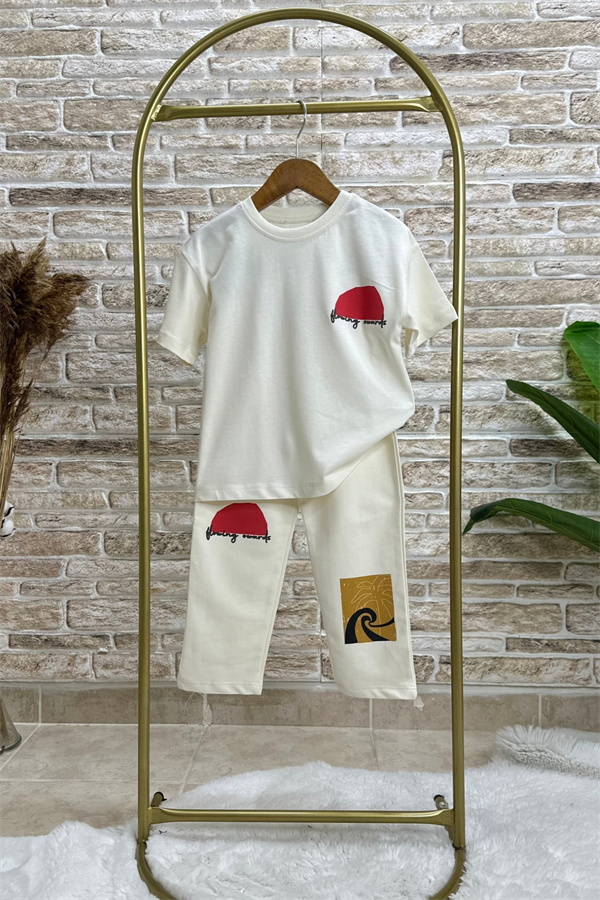 Unisex Kabartma Baskılı Bej Eşofman Takım