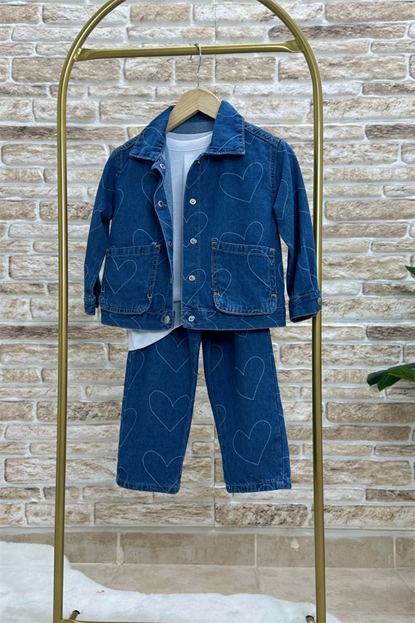 Unisex Çocuk Kalpli Denim Takım