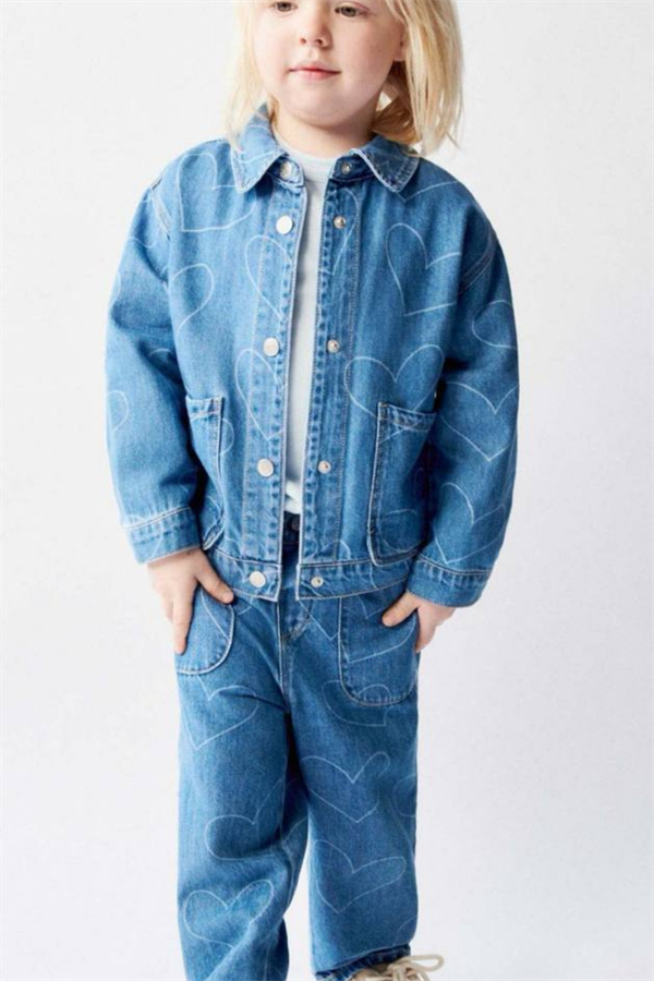 Unisex Çocuk Kalpli Denim Takım