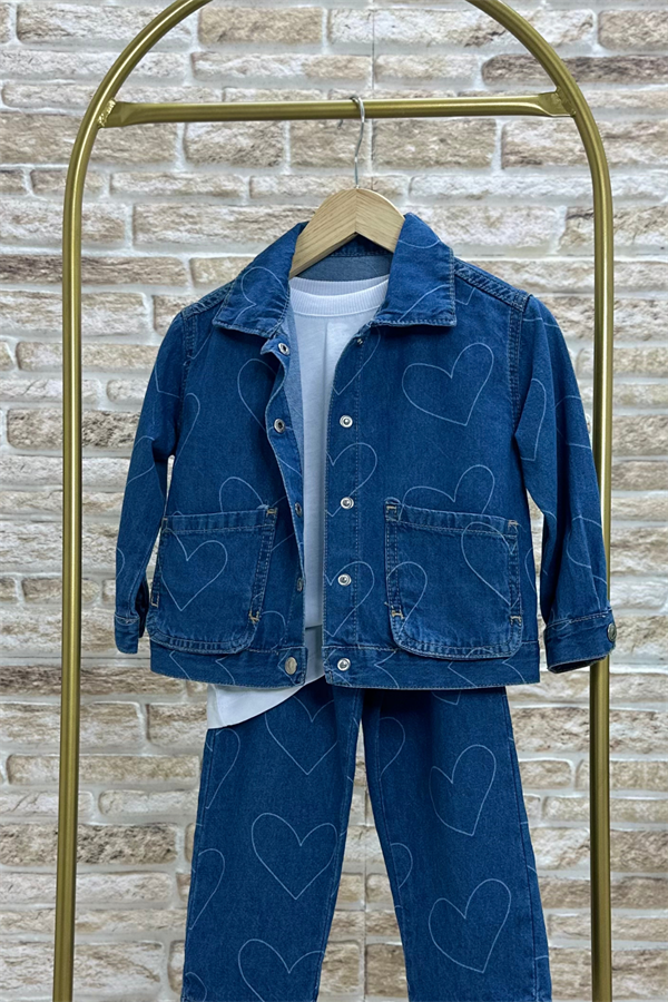 Unisex Çocuk Kalpli Denim Takım