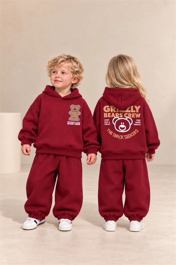 Unisex Kapüşonlu Bordo Bear Baskılı Takım