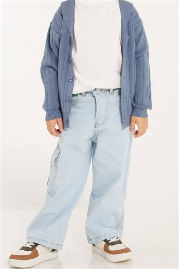 Unisex Kargo Cepli Buz Mavi Jean Pantolon