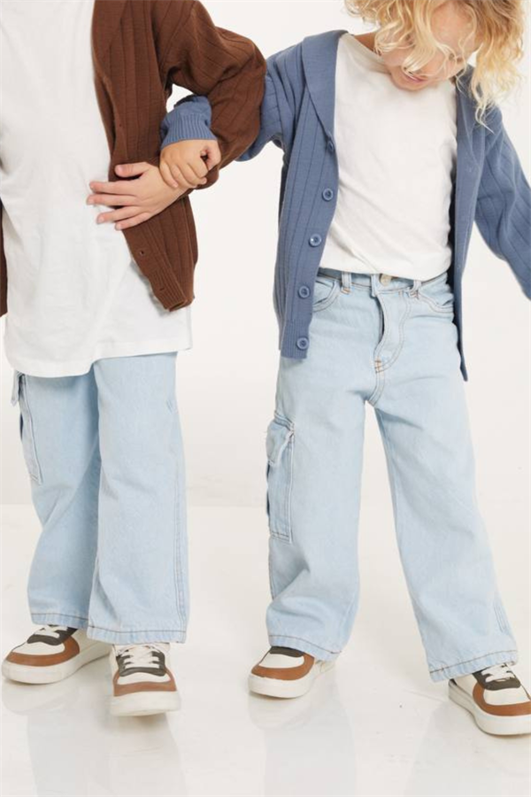 Unisex Kargo Cepli Buz Mavi Jean Pantolon