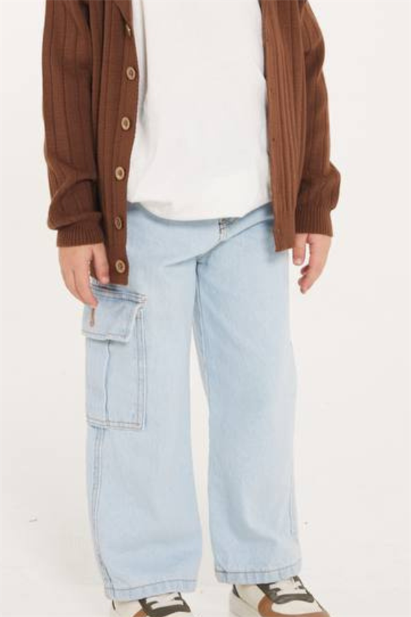 Unisex Kargo Cepli Buz Mavi Jean Pantolon