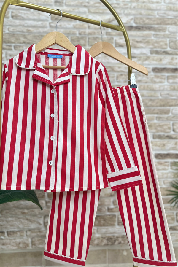 Unisex Kırmızı Çizgili Çantalı Pijama Takım