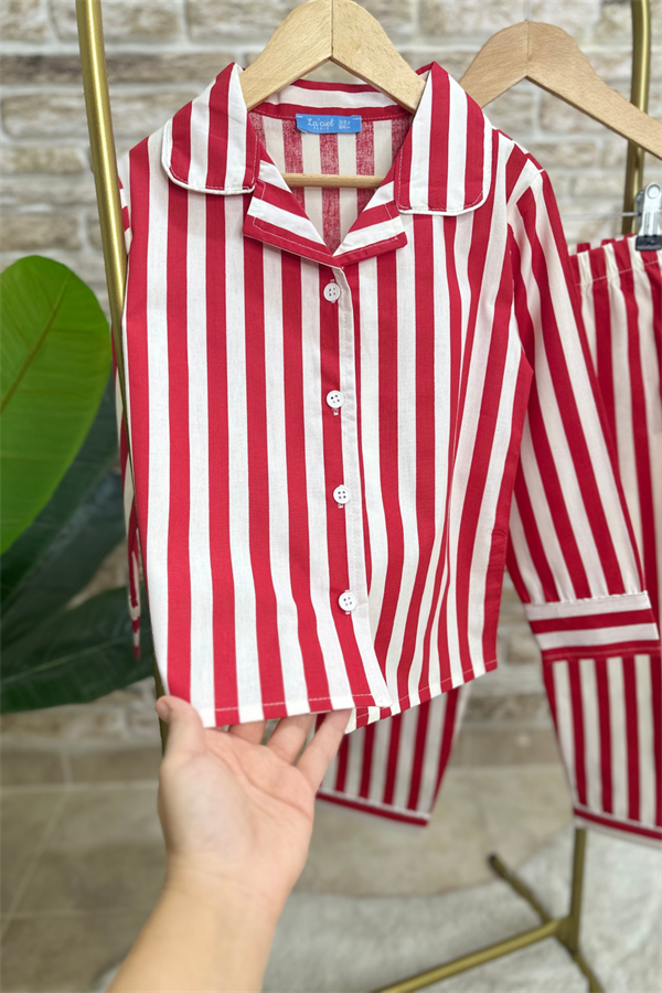 Unisex Kırmızı Çizgili Çantalı Pijama Takım