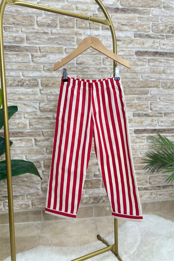 Unisex Kırmızı Çizgili Çantalı Pijama Takım