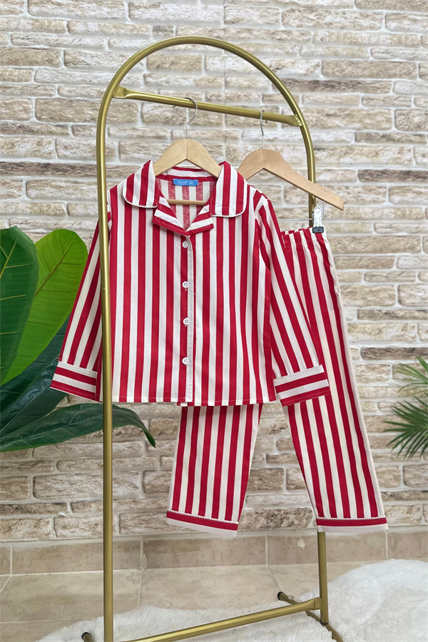 Unisex Kırmızı Çizgili Çantalı Pijama Takım