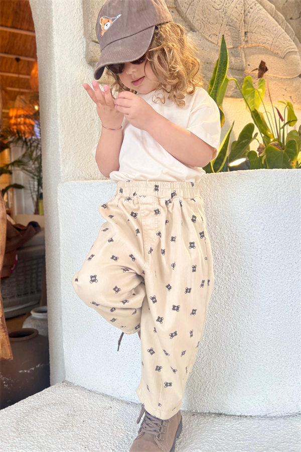 Unisex Krem Ayıcıklı Pantolon & Tshirt Takım