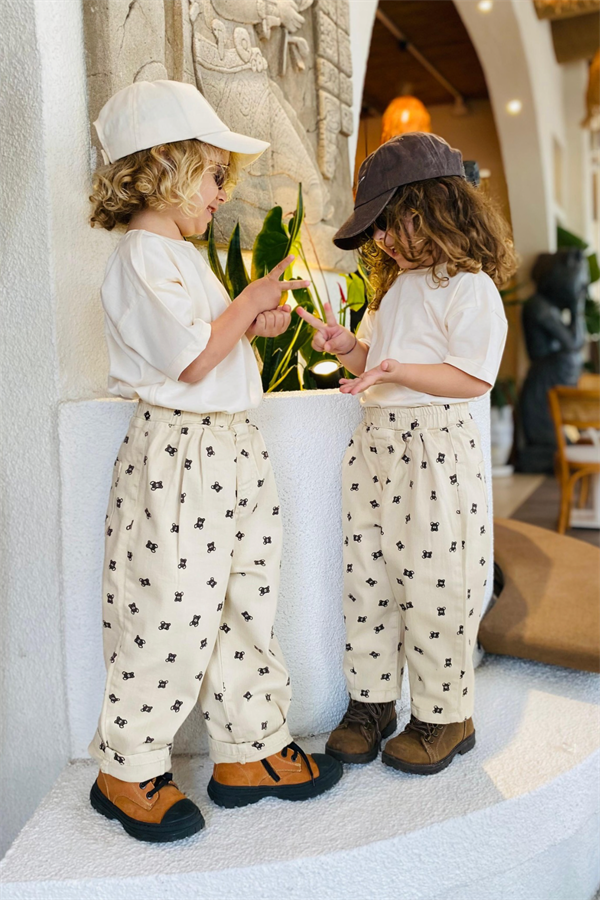 Unisex Krem Ayıcıklı Pantolon & Tshirt Takım