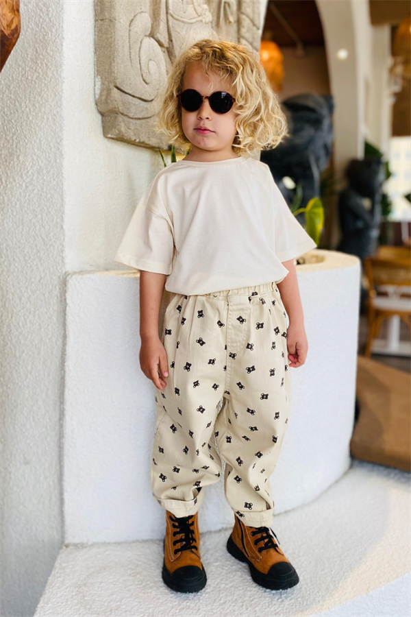 Unisex Krem Ayıcıklı Pantolon & Tshirt Takım