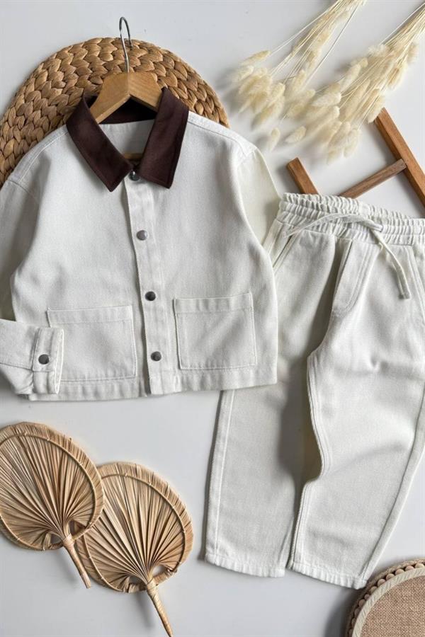 Unisex Krem Yakalı Denim Takım