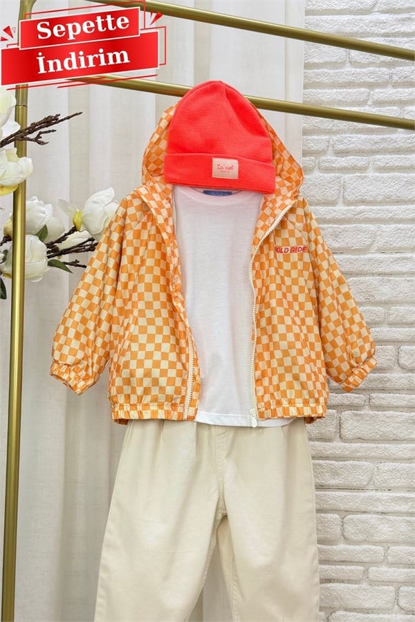 Unisex Laciel Astarlı Dama Desen Turuncu Yağmurluk