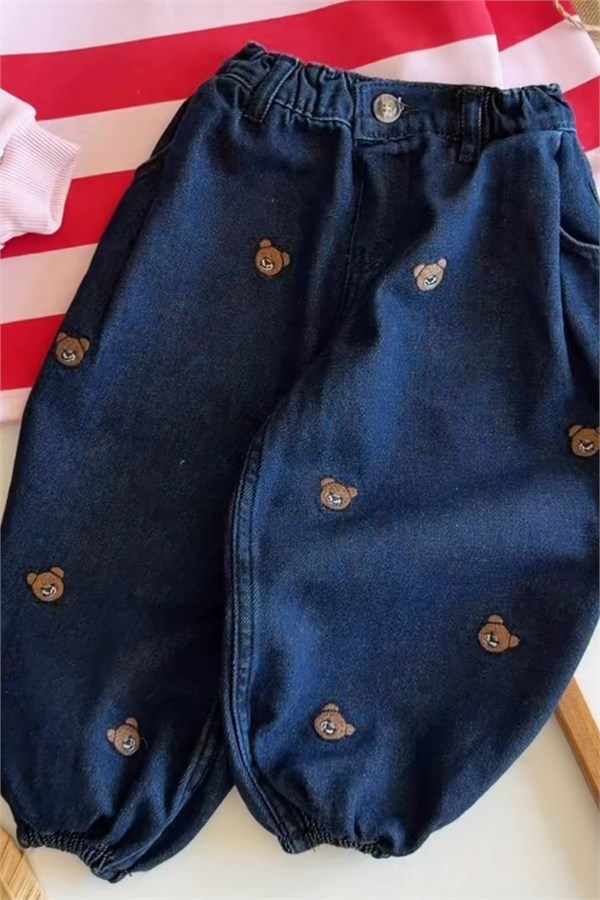 Unisex Laciel Ayıcık Nakışlı Baloon Jean Pantolon
