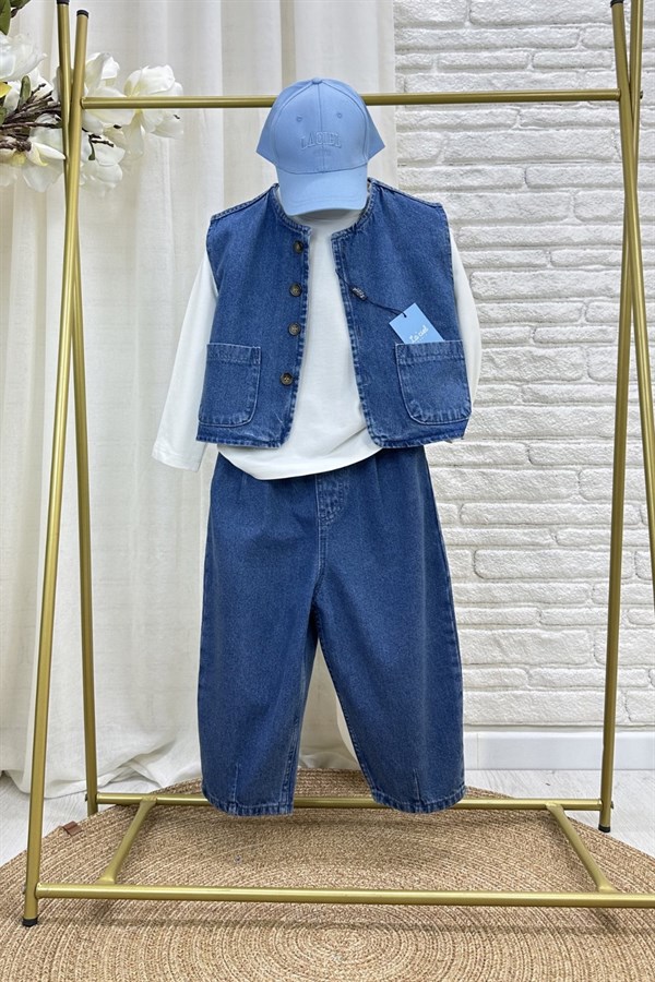 Unisex Laciel Denim Mavi Yelek Baloon Jean Takım